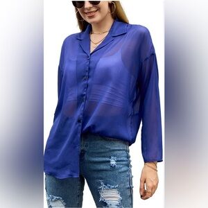 Aeropostale Womens Semi-sheer Button Down Blouse Size M Royal Blue Long Sleeve